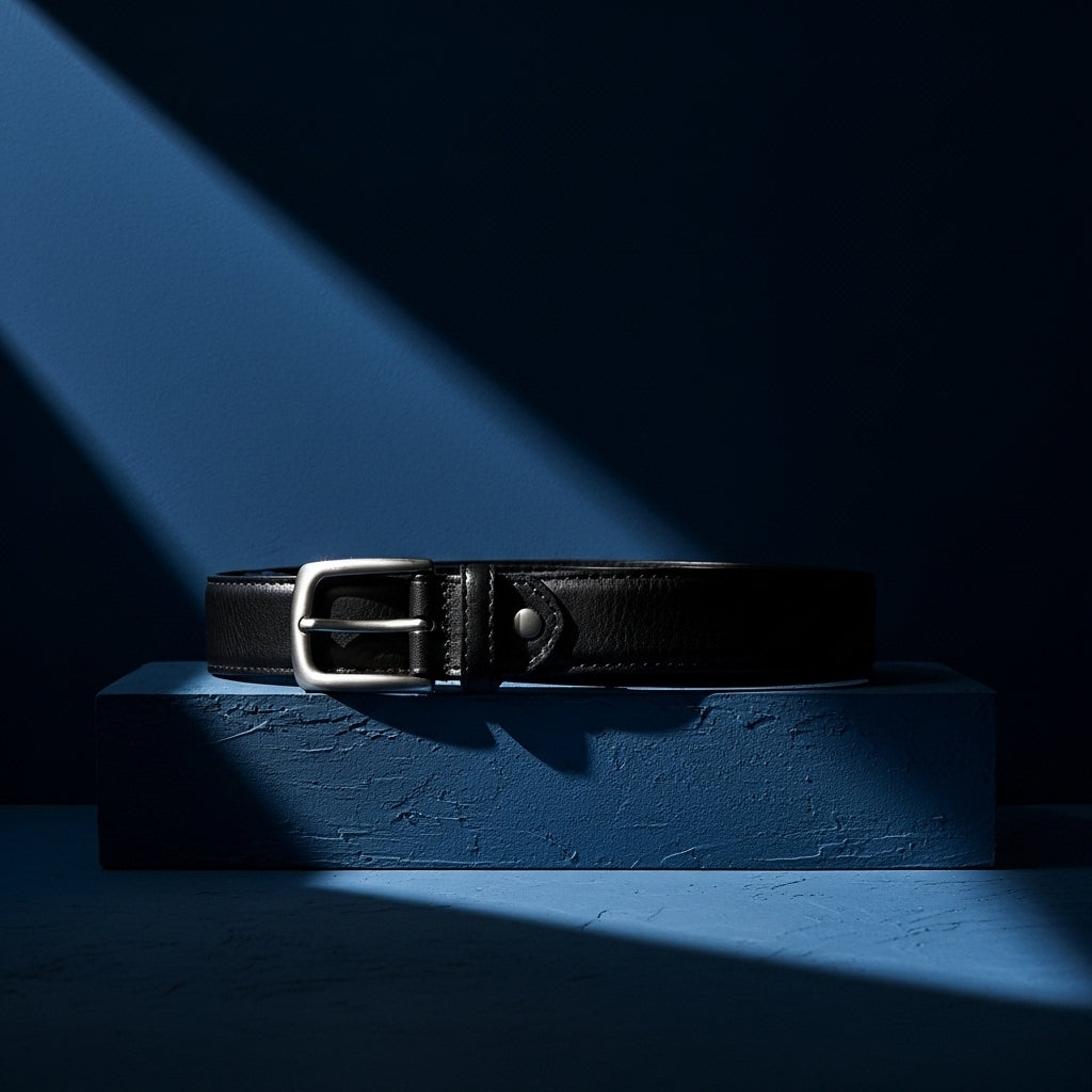 Ceinture Héritage Cuir noire pour homme en cuir de vachette pleine fleur avec boucle ardillon argentée arrondie et surpiqûres ton sur ton. #fullwidth
