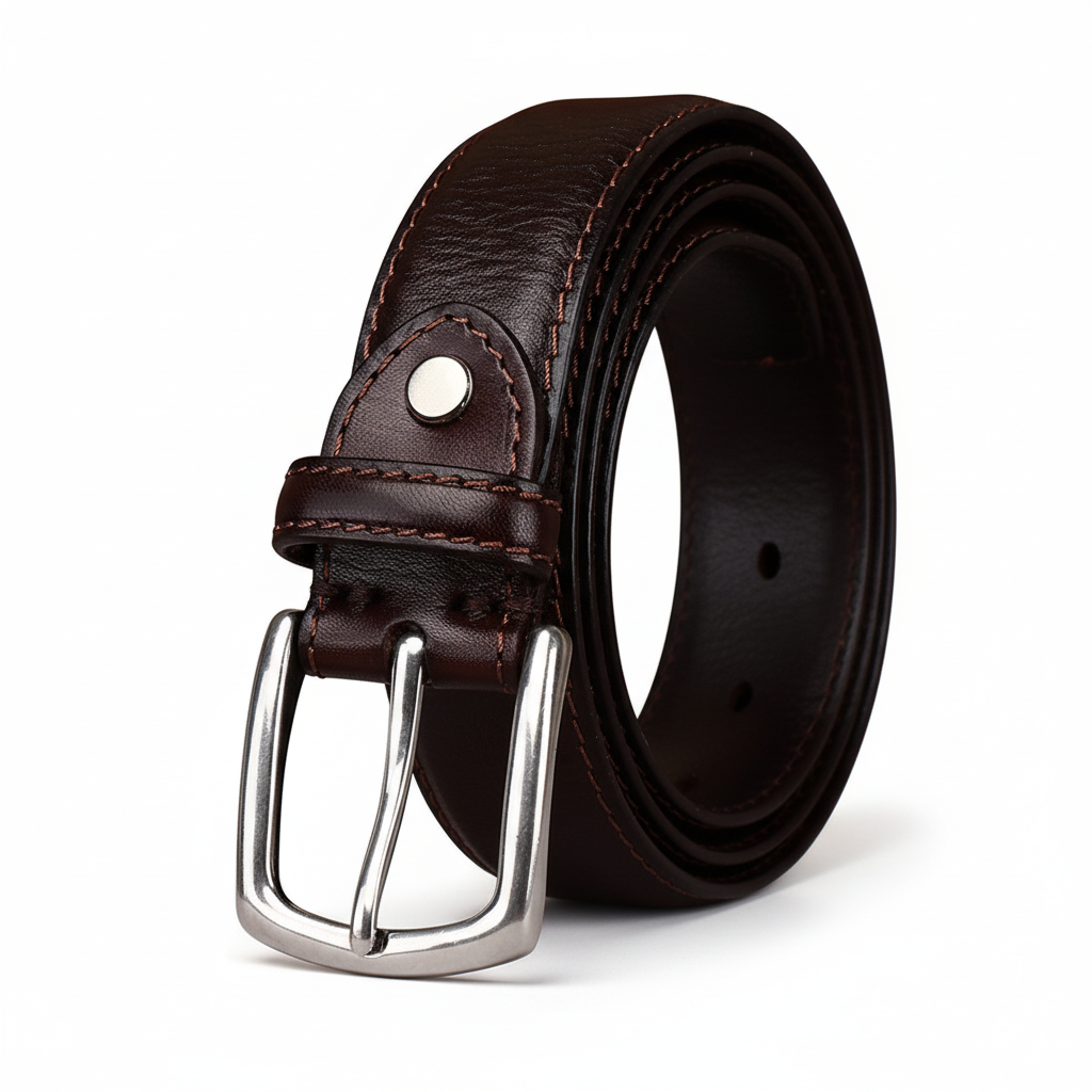 Ceinture pour homme Héritage Cuir de couleur café, fabriquée en cuir de vachette pleine fleur avec boucle ardillon argentée arrondie et surpiqûres contrastantes.