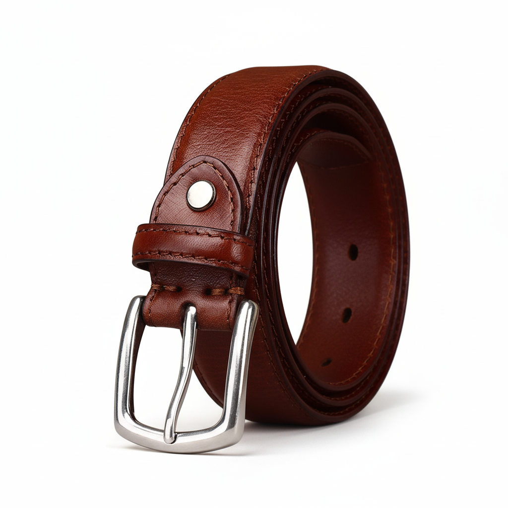 Ceinture Héritage Cuir marron cognac pour homme, en cuir de vachette pleine fleur avec boucle ardillon argentée.