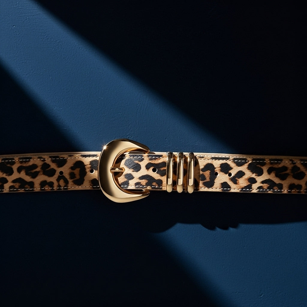 Ceinture Hermine en cuir pleine fleur avec imprimé léopard beige et noir, boucle ardillon dorée en forme de C et passant doré. #fullwidth