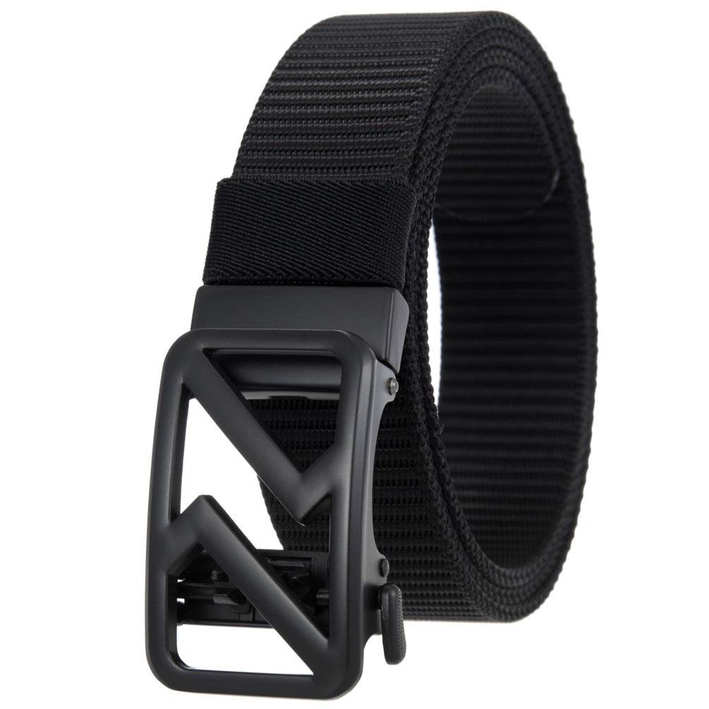 Ceinture pour homme Hexalis en tissu noir avec une boucle automatique en alliage noir au design géométrique original. #fullwidth