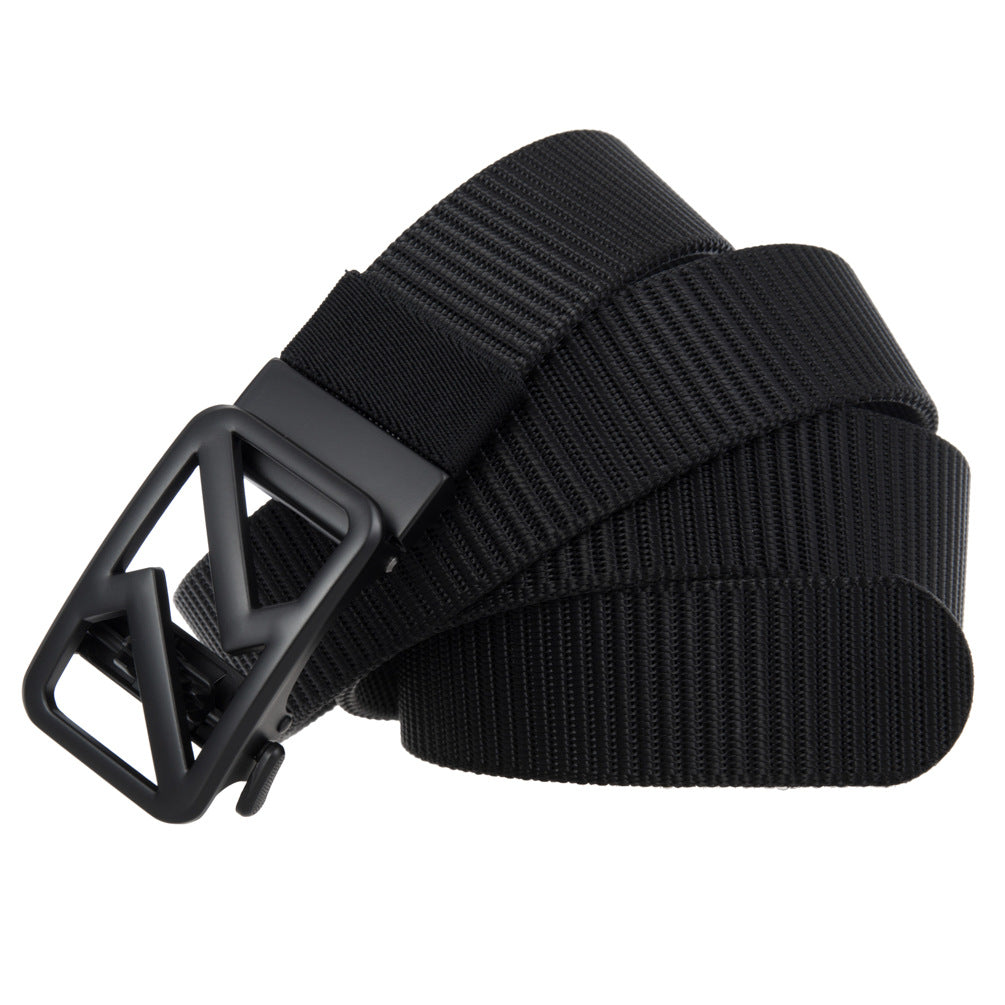 Ceinture pour homme Hexalis en tissu texturé noir avec boucle automatique en alliage noir au design géométrique original.