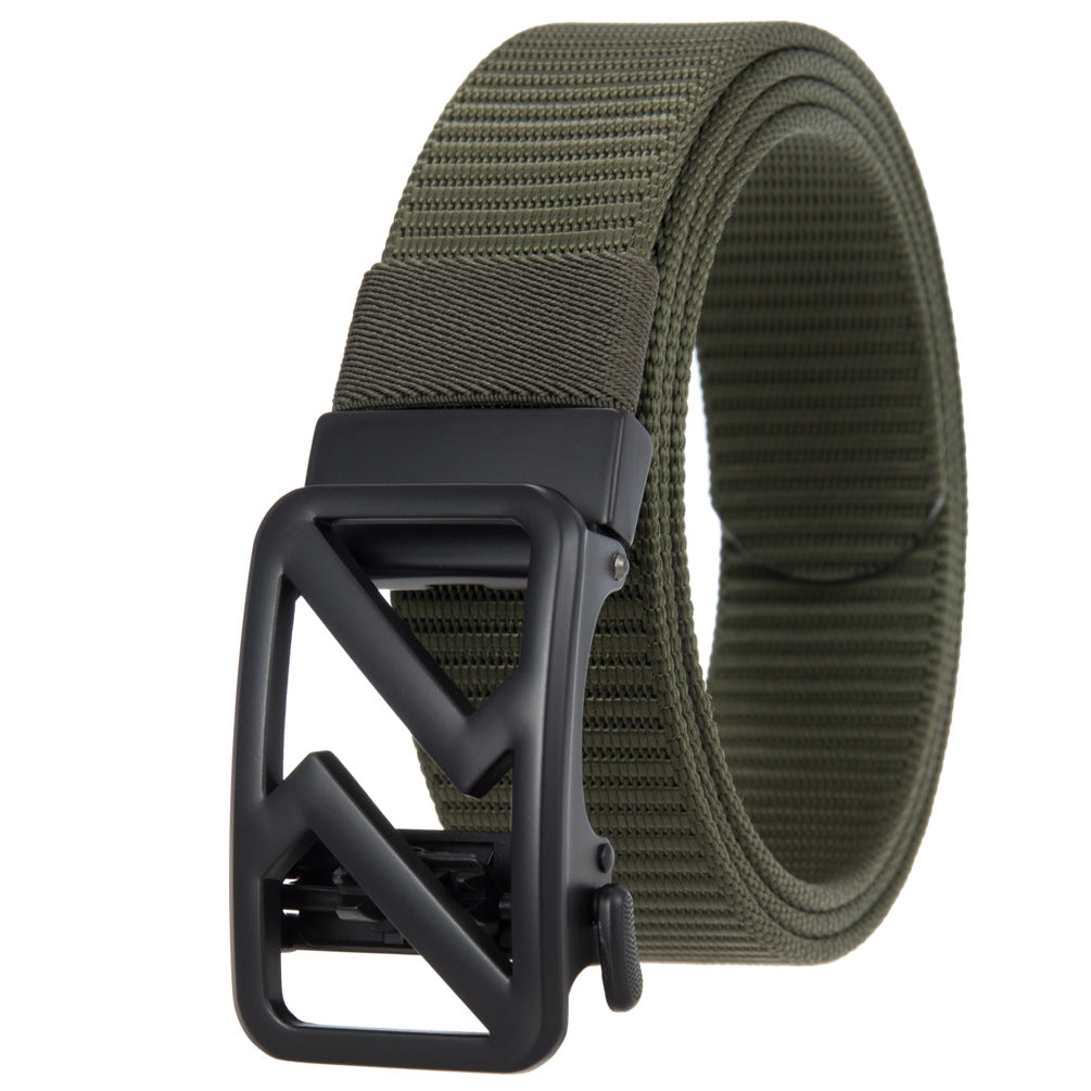 Ceinture pour homme Hexalis en tissu texturé vert avec boucle automatique noire en alliage au design géométrique. #fullwidth