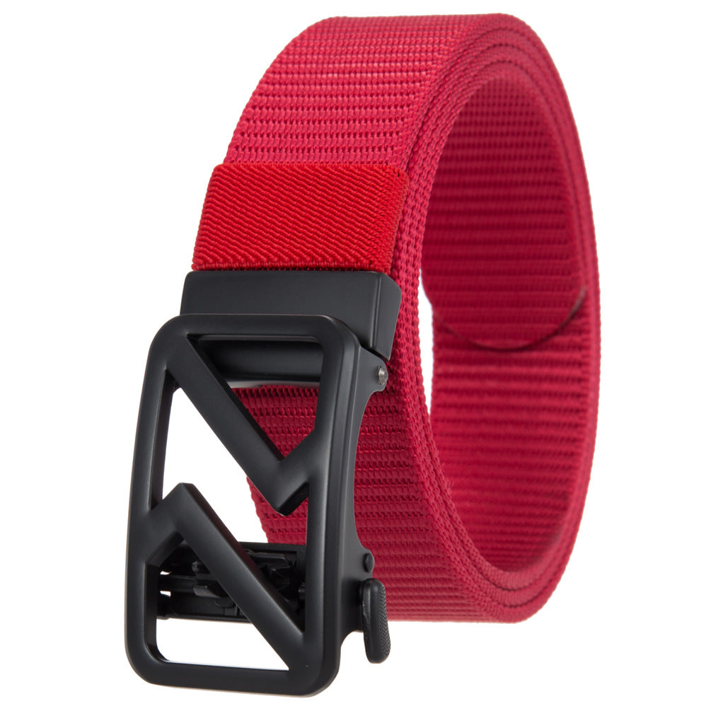 Ceinture Hexalis rouge et noir pour homme avec boucle automatique en alliage noir au design géométrique.