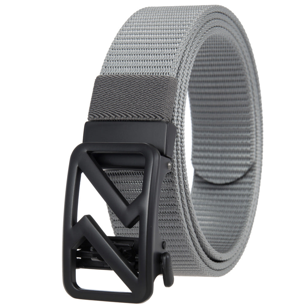 Ceinture pour homme Hexalis en tissu texturé gris avec une boucle automatique en alliage noir au design géométrique.