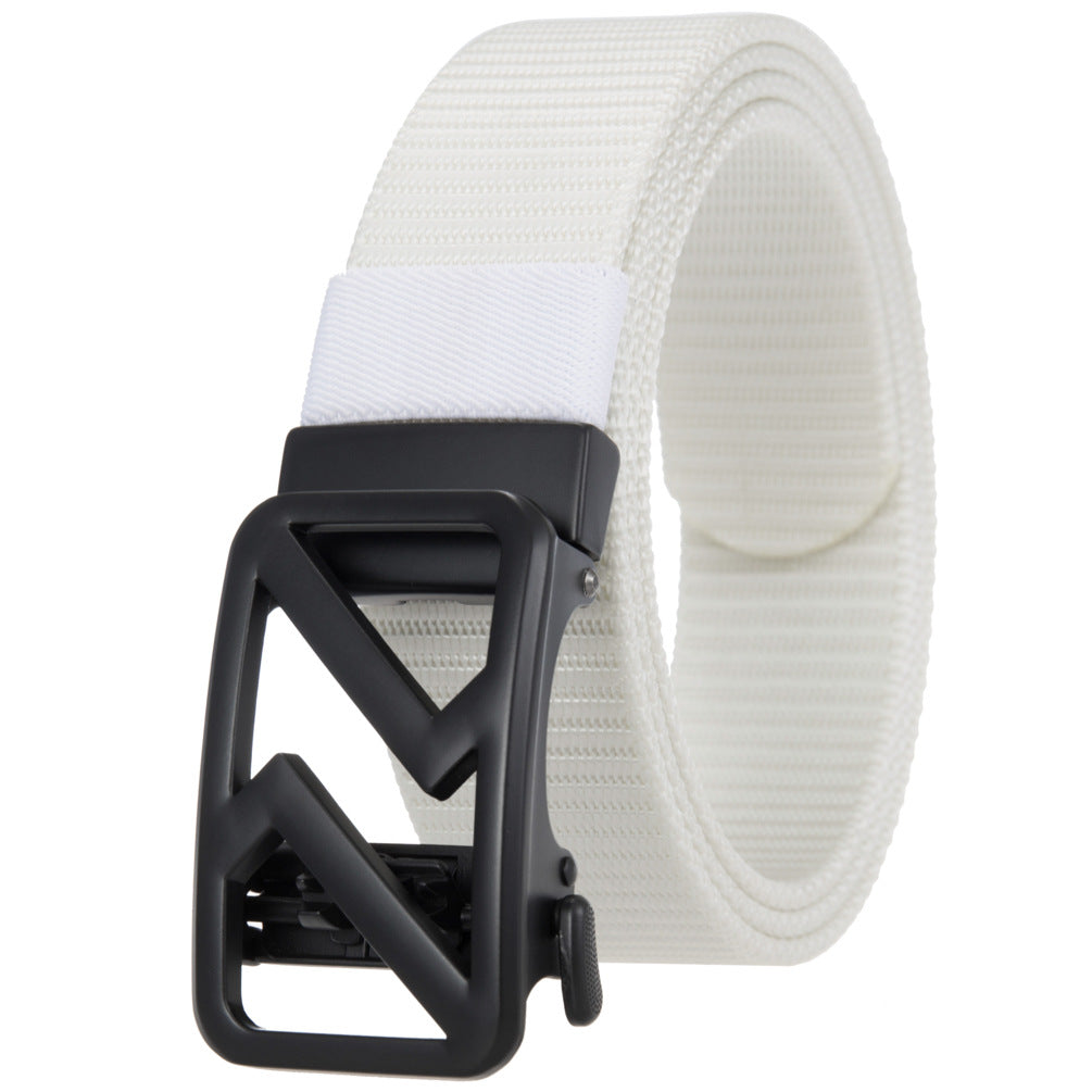 Ceinture pour homme Hexalis en tissu texturé blanc avec boucle automatique en alliage noir au design géométrique.