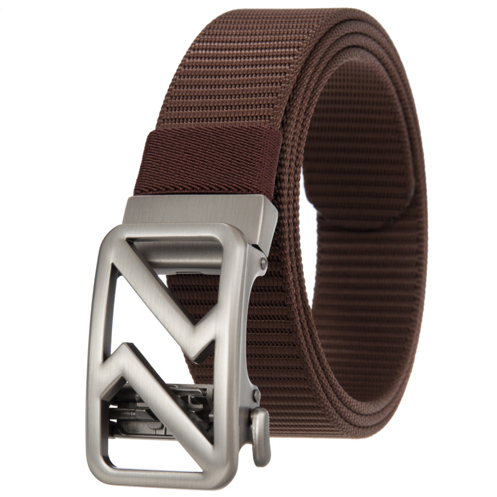 Ceinture pour homme Hexalis en tissu marron avec une boucle automatique en alliage argenté au design géométrique.