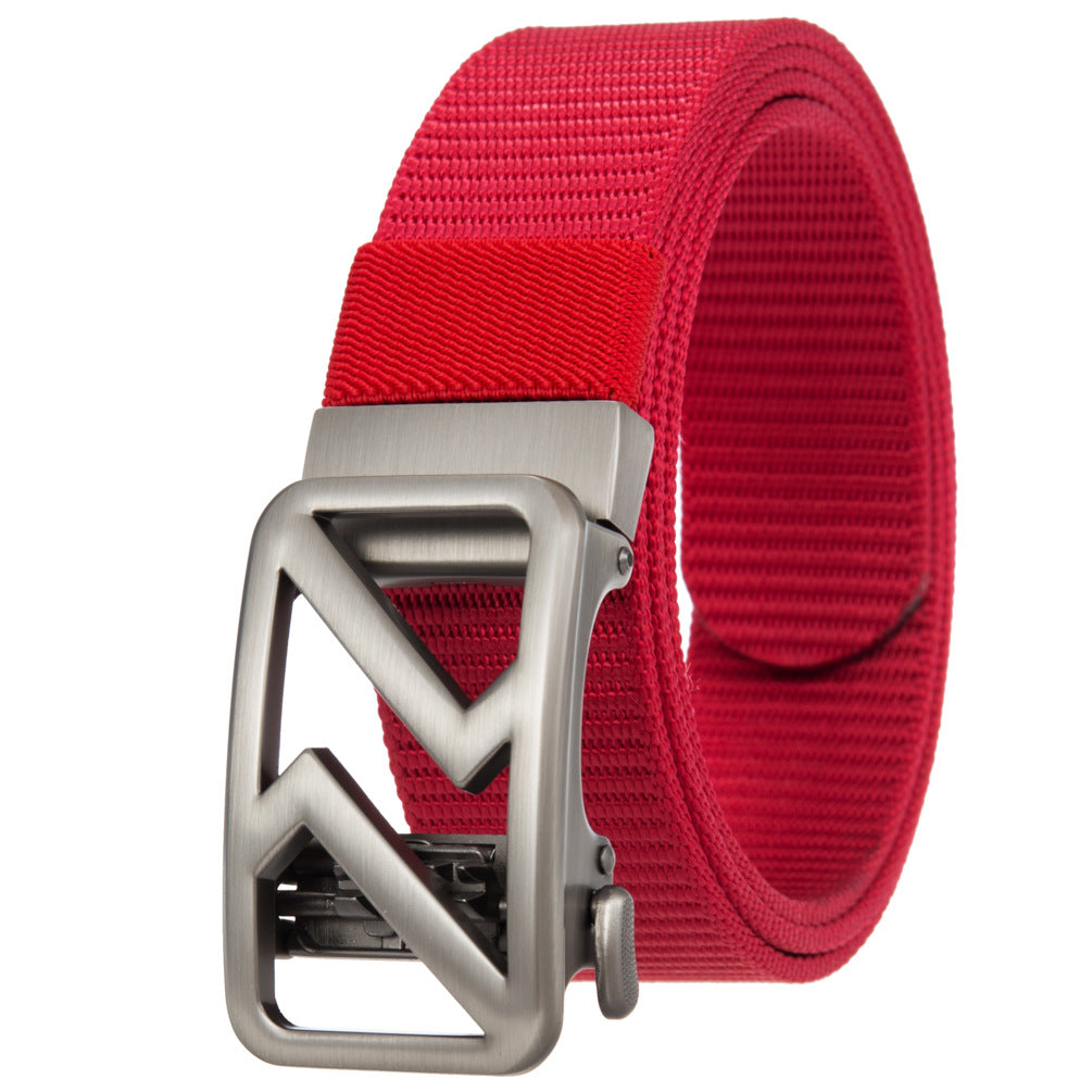 Ceinture Hexalis pour homme en tissu texturé rouge avec boucle automatique argentée en alliage au design géométrique.