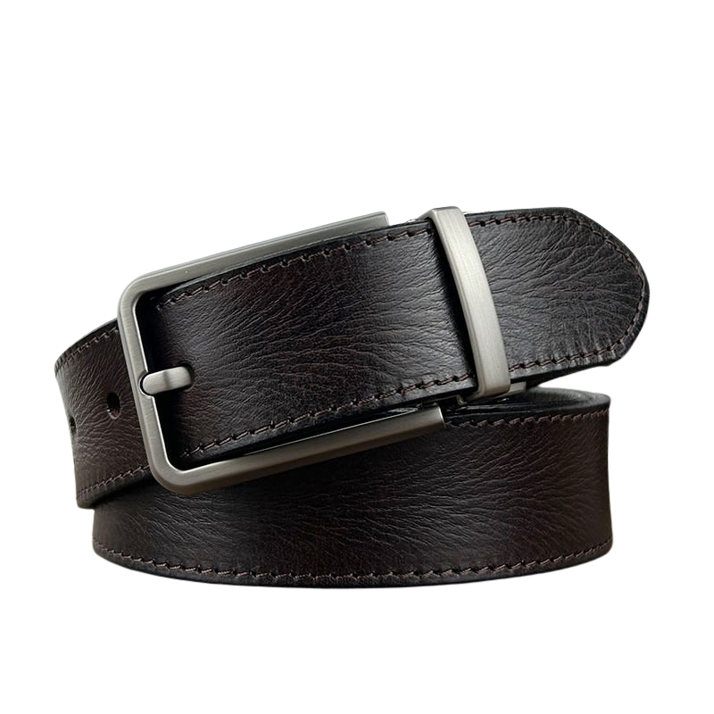 Ceinture Honoré Cuir marron foncé avec boucle ardillon rectangulaire argentée. Cuir de vachette pleine fleur texturé, coutures contrastantes. Accessoire masculin élégant et résistant. #fullwidth