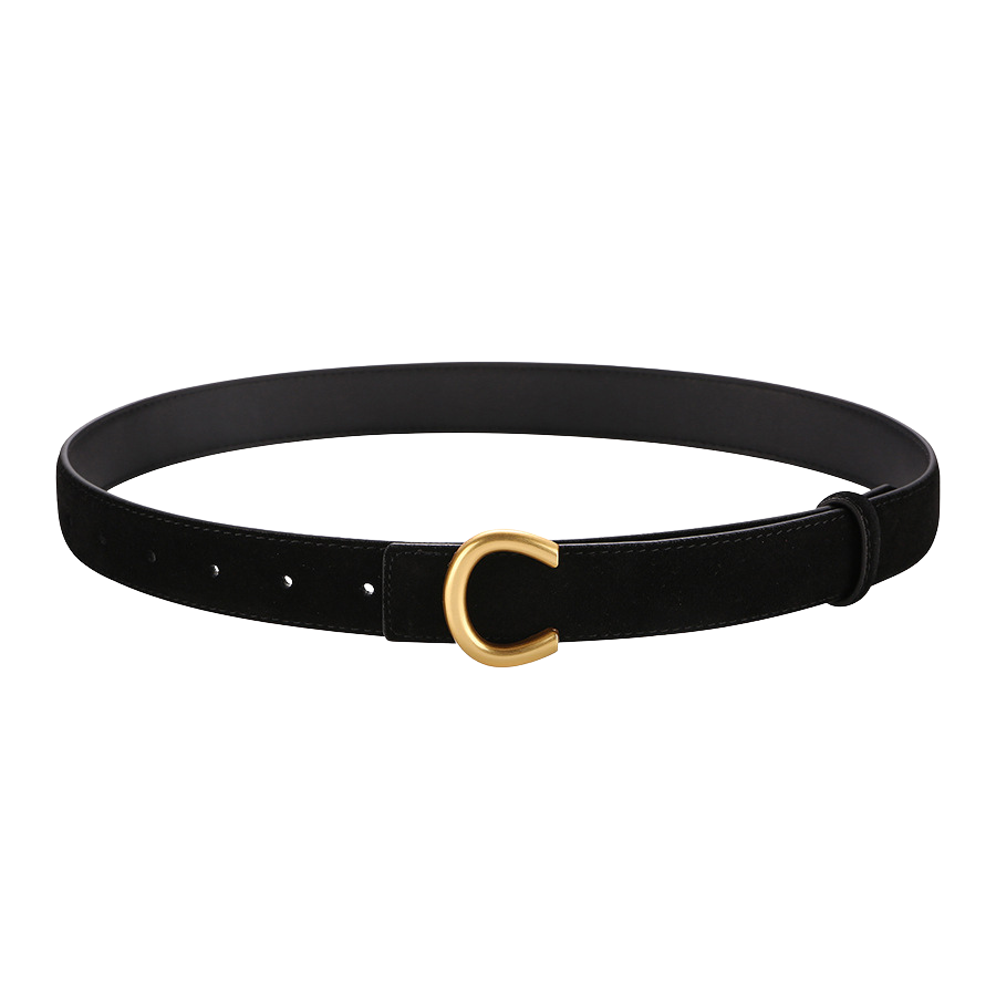 Ceinture pour femme Honorine en cuir suédé noir avec boucle dorée en forme de C.