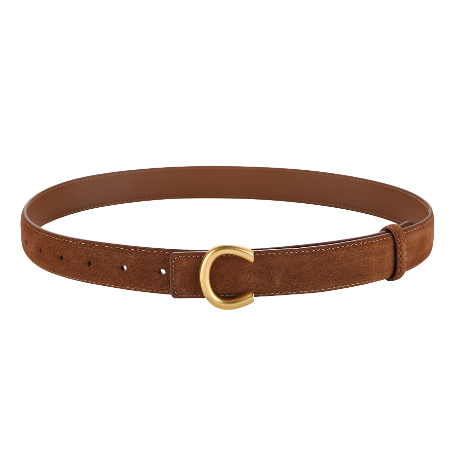 Ceinture pour femme Honorine en cuir suédé mat marron avec boucle dorée en forme de C.