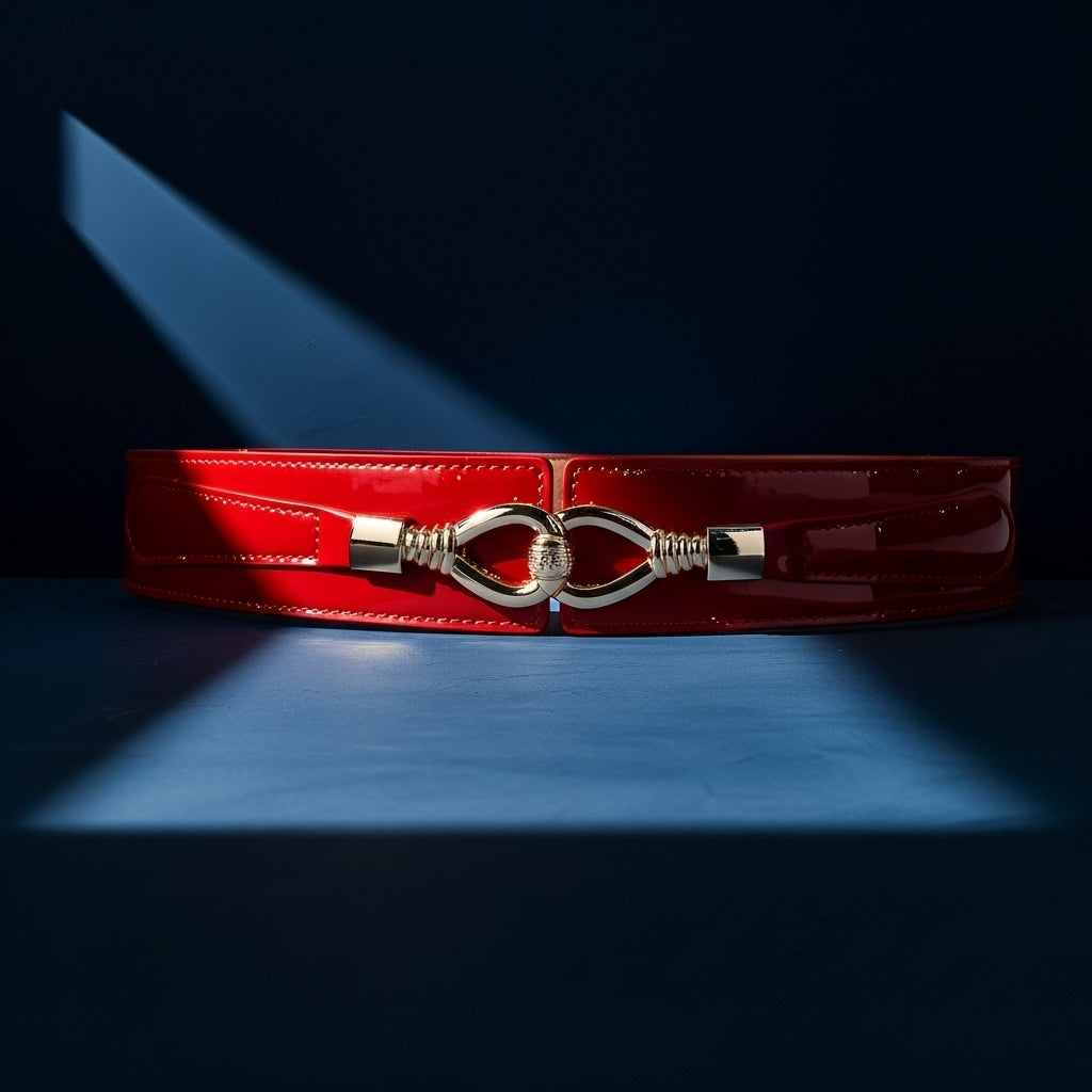 Ceinture rouge vernie Hortense pour femme, avec boucle crochet dorée double goutte allongée et finition lisse. La ceinture est en cuir refendu et mesure 4 cm de large. #fullwidth