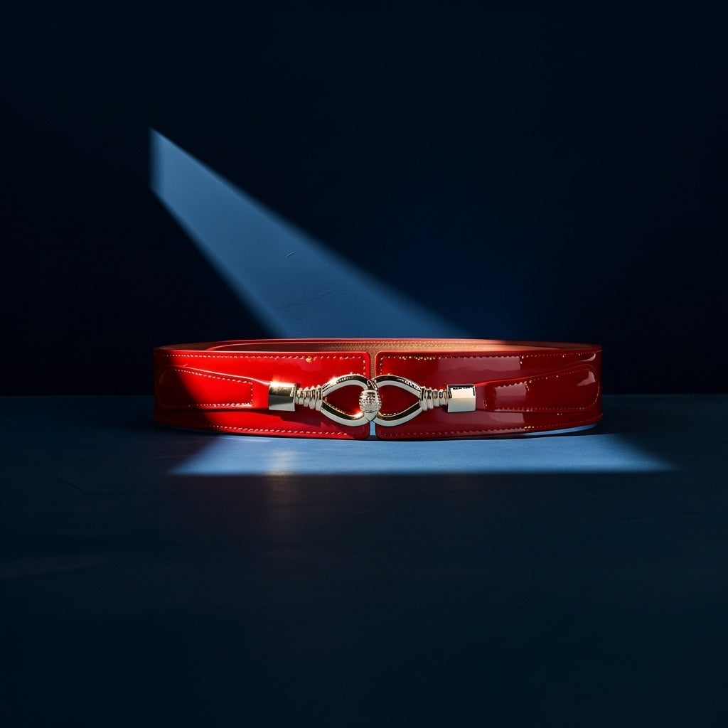 Ceinture femme rouge vernie Hortense, 4 cm de large, avec boucle crochet double goutte argentée et finition brillante. #fullwidth