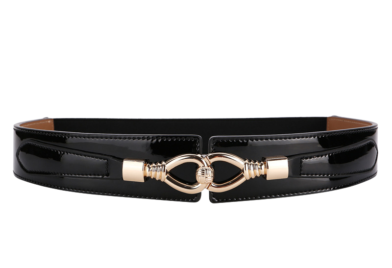 Ceinture femme Hortense noire brillante avec boucle dorée double goutte allongée, largeur 4 cm.