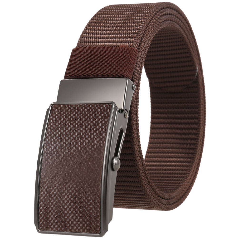 Ceinture Hugo pour homme, marron, avec boucle automatique rectangulaire en alliage gris et sangle en tissu texturé de 3,5 cm de large.