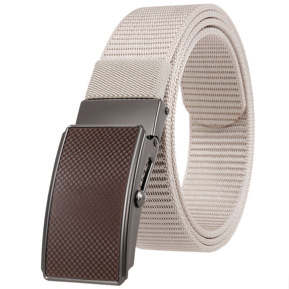 Ceinture Hugo pour homme en tissu texturé blanc cassé avec une boucle automatique rectangulaire en alliage gris et insert marron à motifs