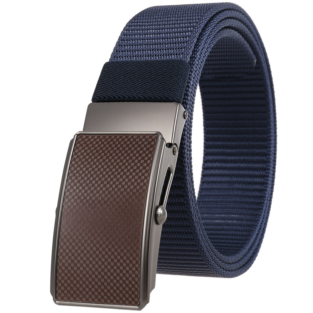 Ceinture Hugo pour homme en tissu bleu texturé avec boucle automatique rectangulaire en alliage gris et insert imitation cuir marron à motif damier.