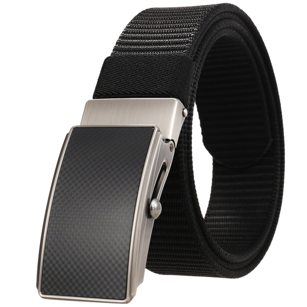 Ceinture Hugo pour homme en tissu noir avec boucle automatique rectangulaire en alliage gris et insert carbone #fullwidth