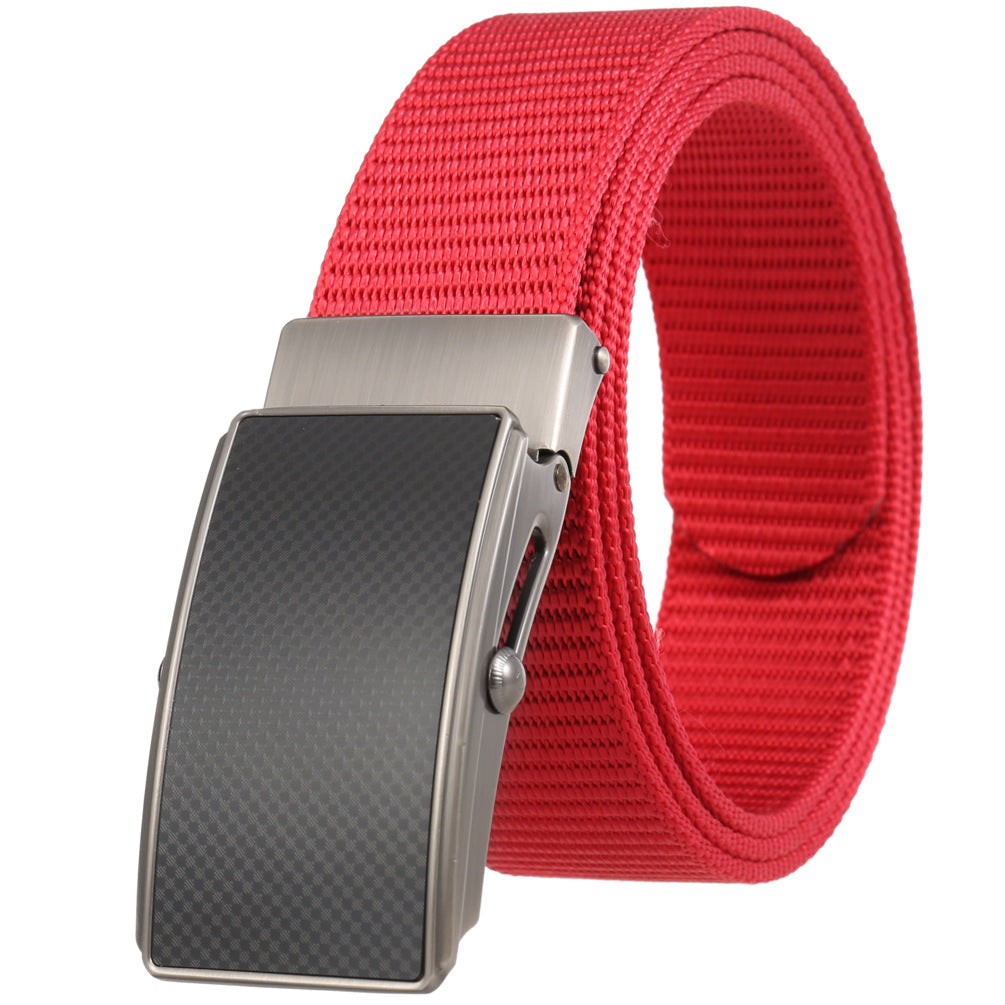 Ceinture Hugo rouge en tissu texturé avec boucle rectangulaire automatique en alliage gris et insert noir à motif carbone