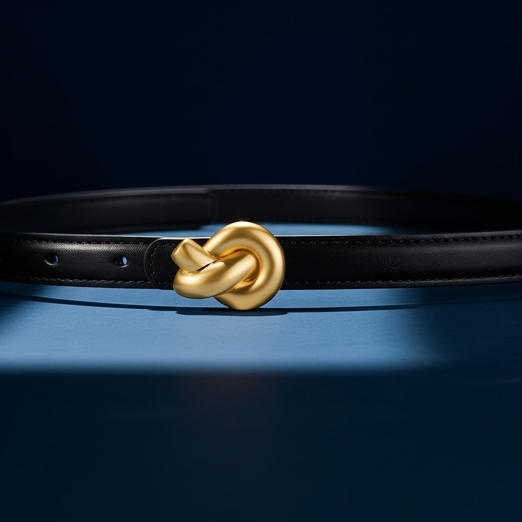 Ceinture fine pour femme Inès en cuir noir avec une boucle dorée en forme de nœud décoratif. #fullwidth