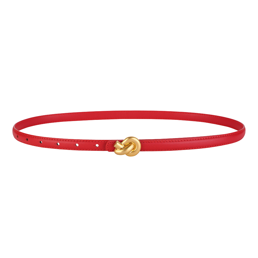 Ceinture Inès rouge en cuir pleine fleur pour femme, extra fine avec une boucle nœud décoratif doré asymétrique.
