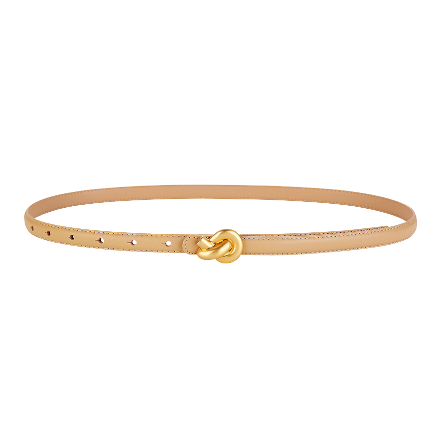 Ceinture fine en cuir beige pour femme, modèle Inès, avec une boucle dorée en forme de nœud décoratif.