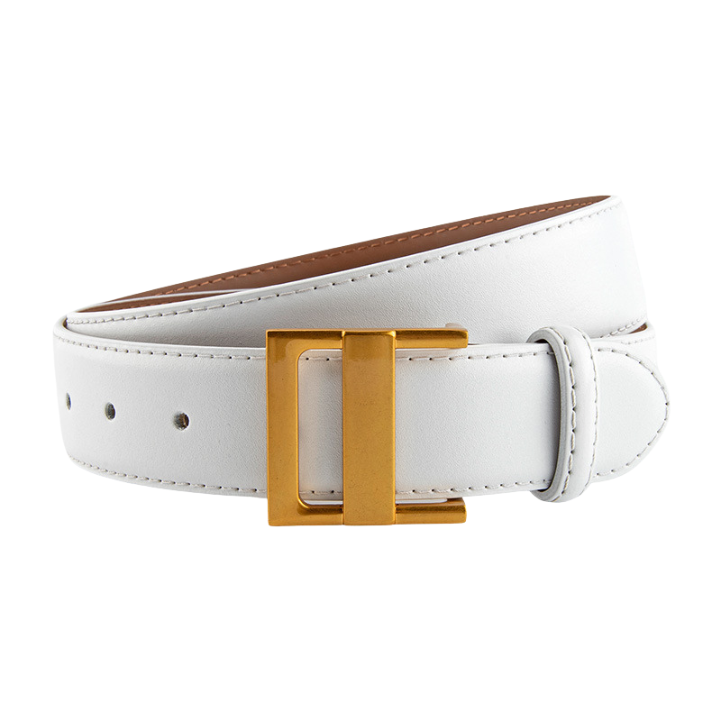 Ceinture blanche femme Innocente en cuir refendu avec boucle rectangulaire dorée et coutures ton sur ton.