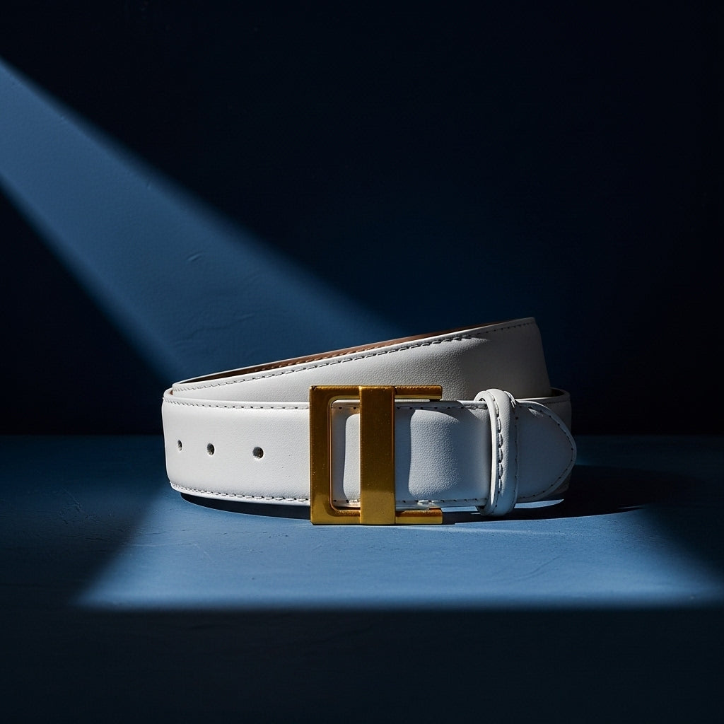Ceinture femme Innocente blanche en cuir refendu lisse, avec boucle rectangulaire dorée en alliage. #fullwidth