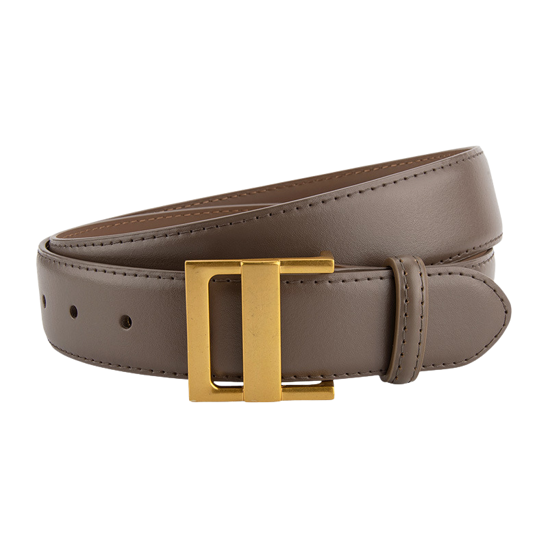Ceinture femme Innocente en cuir refendu marron clair avec boucle dorée rectangulaire.