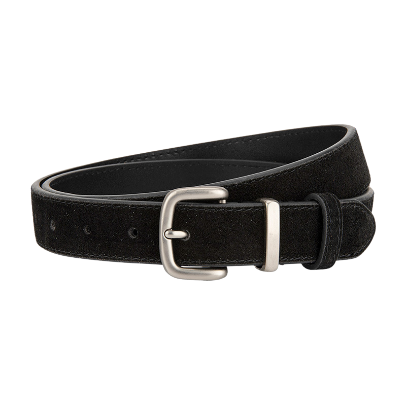 Ceinture femme Intrigue en cuir refendu noir aspect velours avec boucle carrée argentée mate