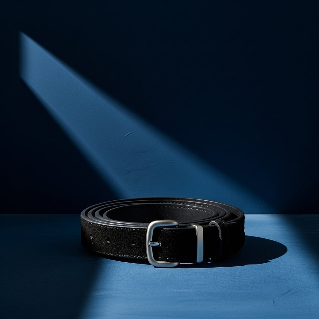 Ceinture Intrigue noire en cuir refendu aspect velours avec boucle carrée argentée mate #fullwidth