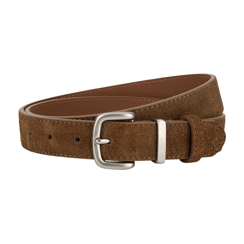 Ceinture femme Intrigue en cuir refendu marron avec boucle ardillon argentée mate et aspect suédé velours.