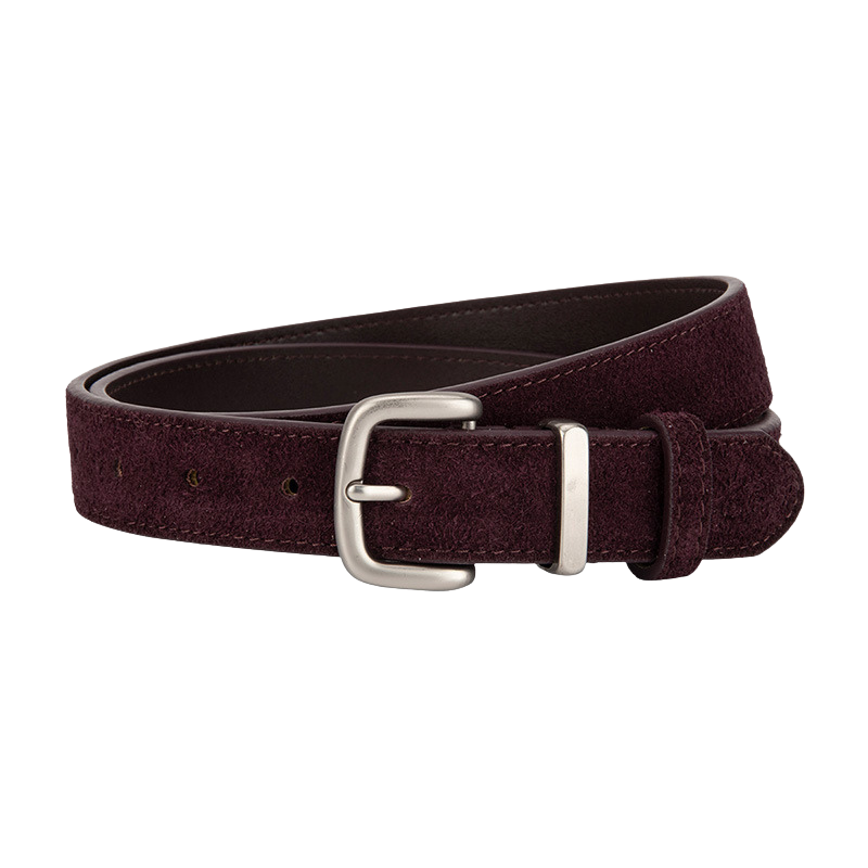 Ceinture femme Intrigue en cuir refendu bordeaux foncé avec boucle argentée mate et aspect suédé