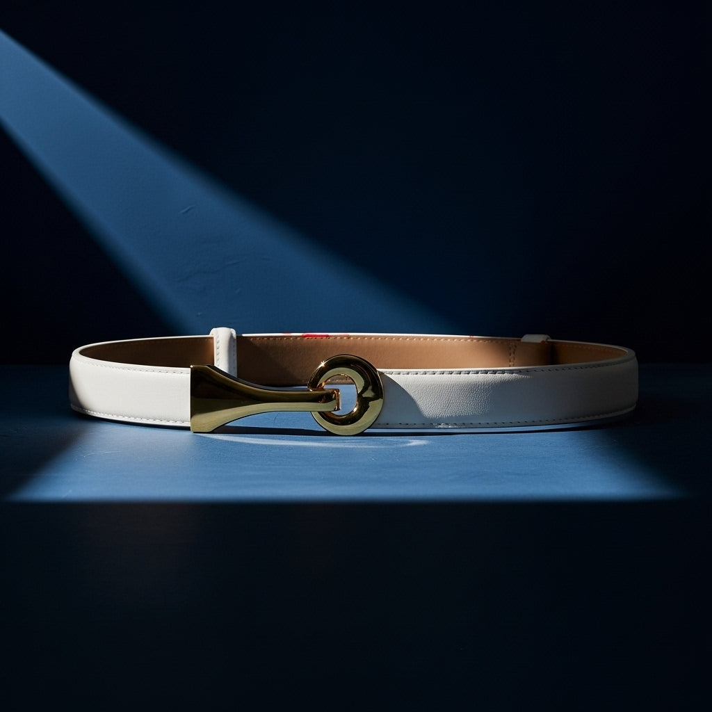 Ceinture fine blanche Iris en cuir refendu avec boucle dorée en forme de crochet ovale, design minimaliste et élégant #fullwidth