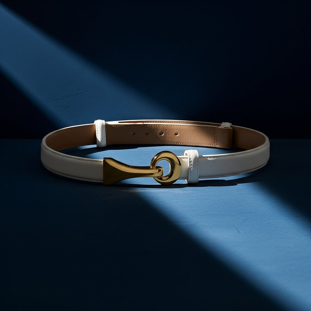 Ceinture fine Iris blanche en cuir refendu avec une boucle ovale en métal doré et fermoir crochet, #fullwidth