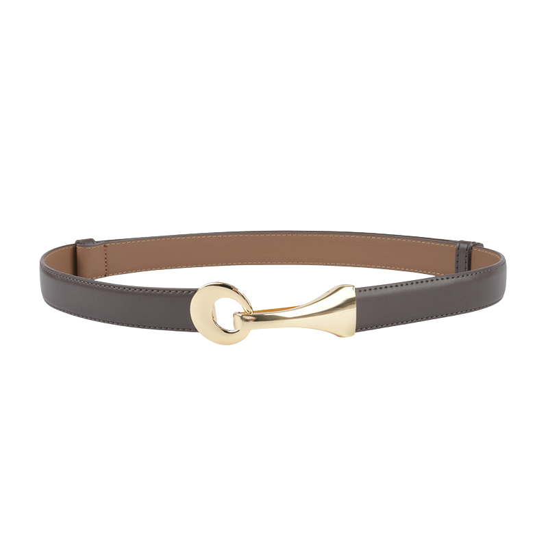 Ceinture fine Iris en cuir refendu gris foncé avec boucle ovale en métal doré. #fullwidth