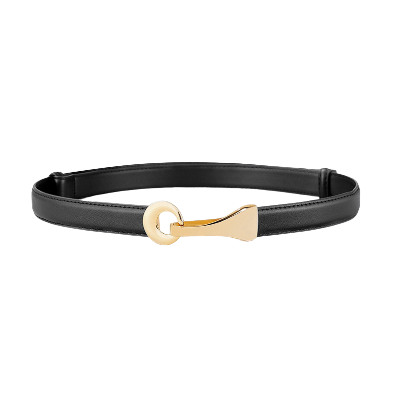 Ceinture fine Iris noire en cuir refendu avec boucle ovale dorée au design épuré