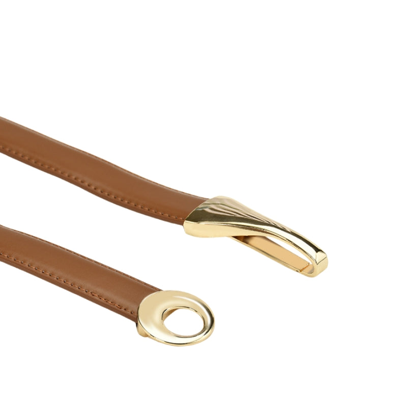 Ceinture femme Iris en cuir refendu marron avec boucle ovale dorée et passant discret.