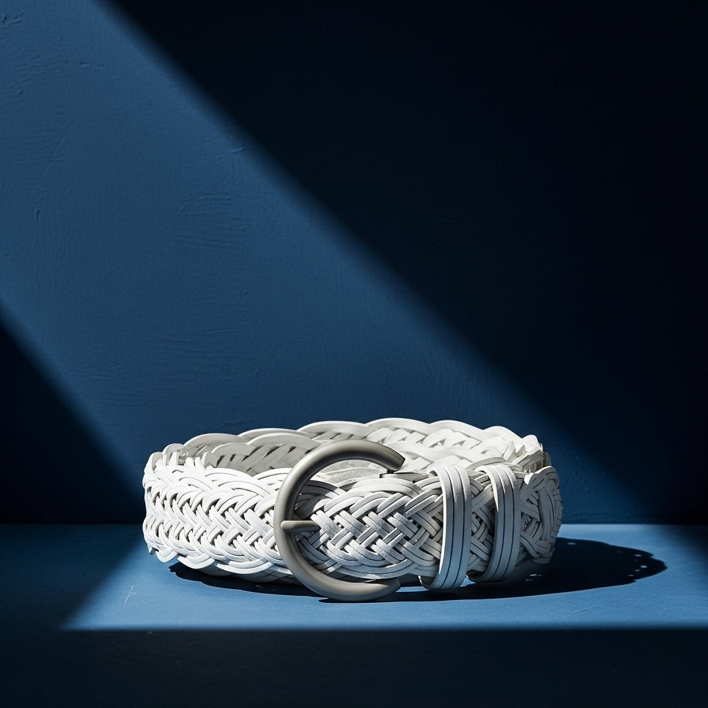 Ceinture femme Irisée blanche en simili cuir recyclé tressé avec boucle ardillon argentée arrondie #fullwidth