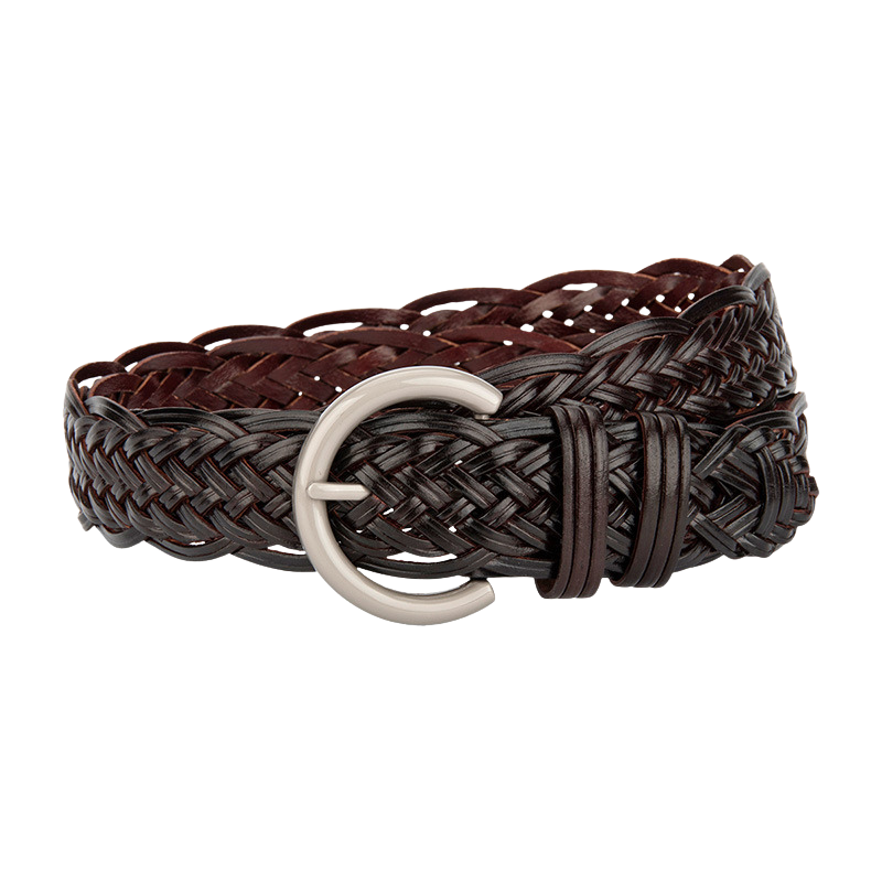 Ceinture femme Irisée en simili cuir recyclé marron foncé tressé avec boucle argentée arrondie