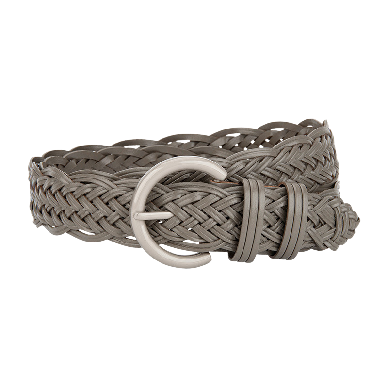 Ceinture femme Irisée grise en simili cuir recyclé tressé, avec une boucle ardillon argentée arrondie.