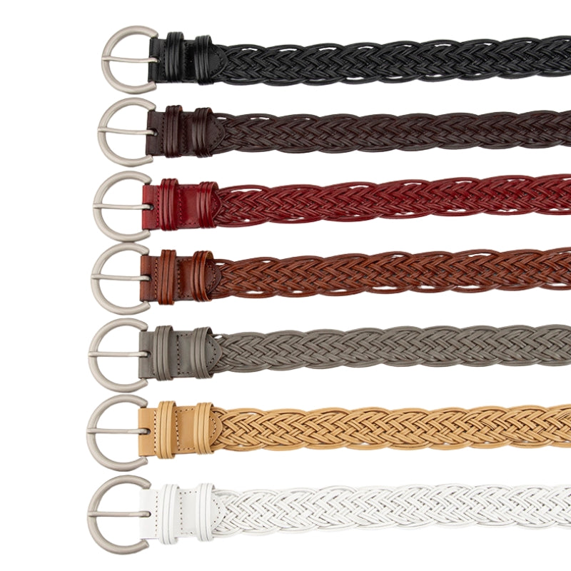 Ceinture femme Irisée tressée en simili cuir recyclé, boucle argentée, disponible en plusieurs coloris : noir, marron foncé, bordeaux, brun, gris, beige et blanc.