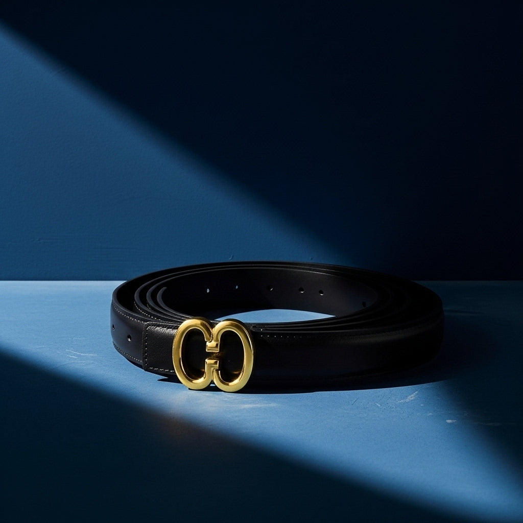 Ceinture femme Isadora en cuir noir avec boucle dorée double G, lanière lisse de 2,3 cm de largeur. #fullwidth