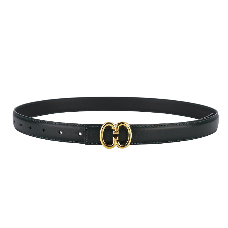Ceinture femme Isadora en cuir pleine fleur vert foncé avec boucle dorée double G, 2,3 cm de largeur.