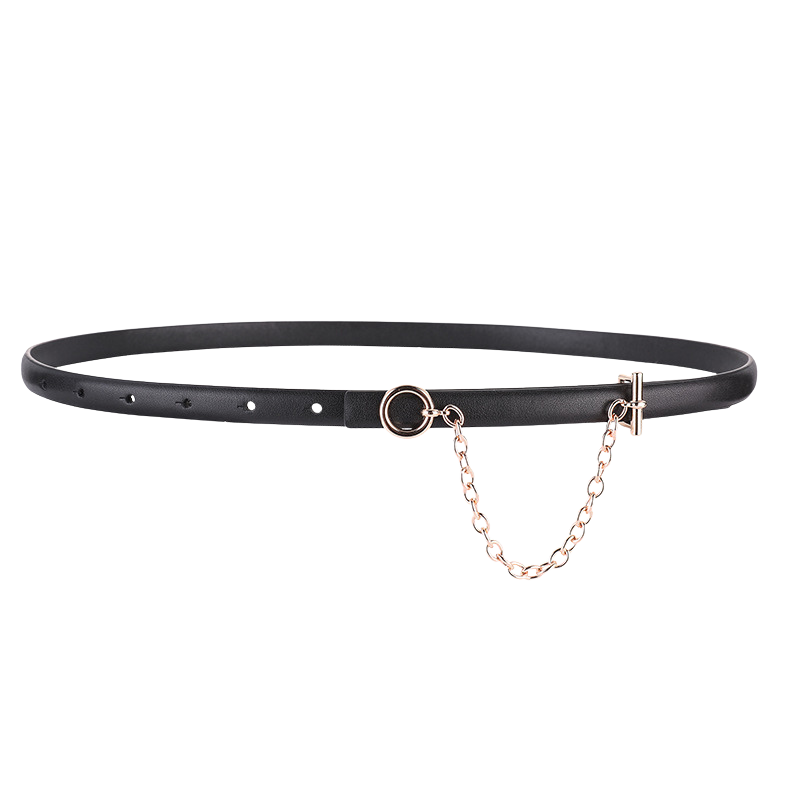 Ceinture fine noire Isaline 1 en cuir avec une chaînette décorative dorée et une boucle ronde. Fermeture par système T-bar discret.