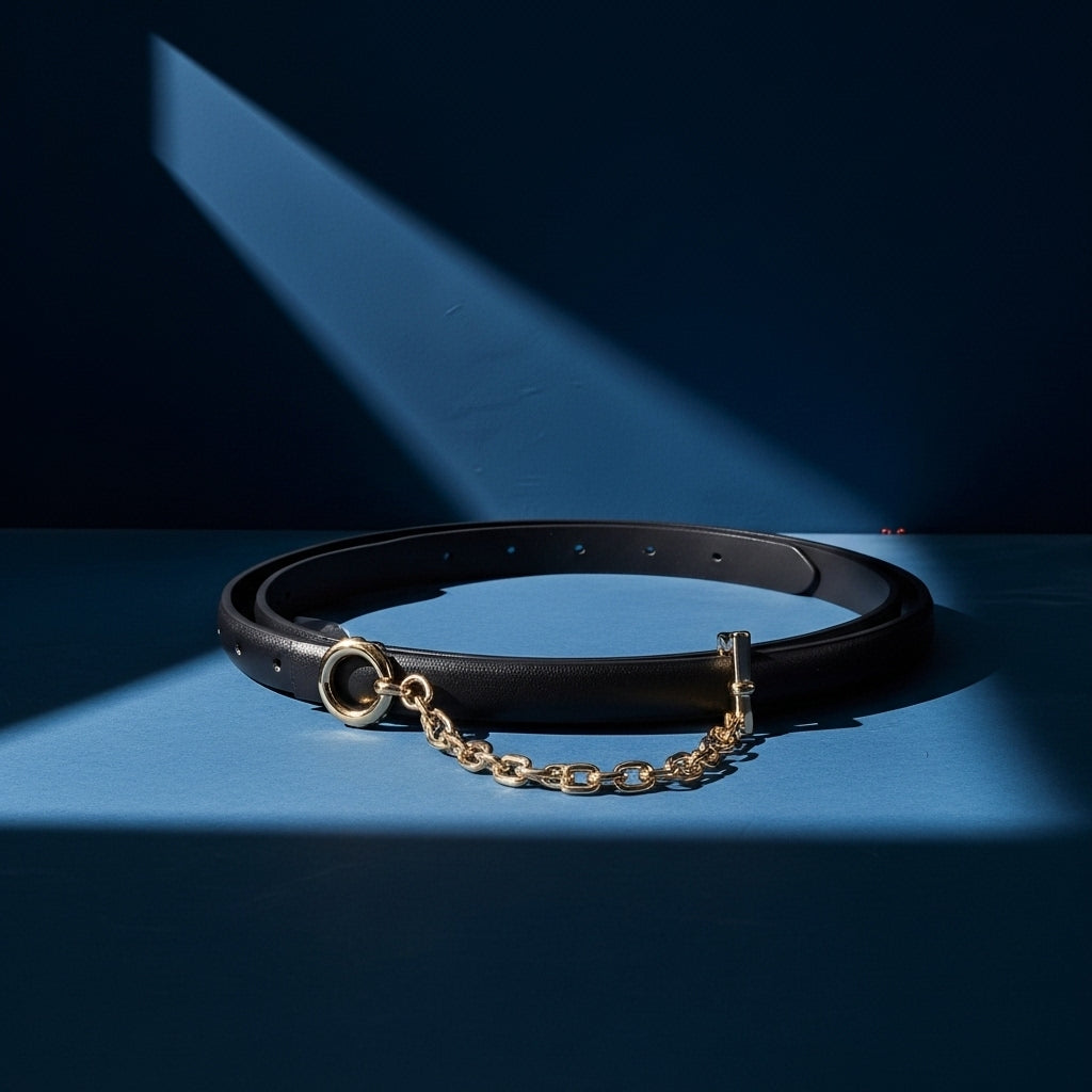 Ceinture fine noire Isaline 1 en cuir avec chaîne décorative dorée et fermoir discret en T. #fullwidth