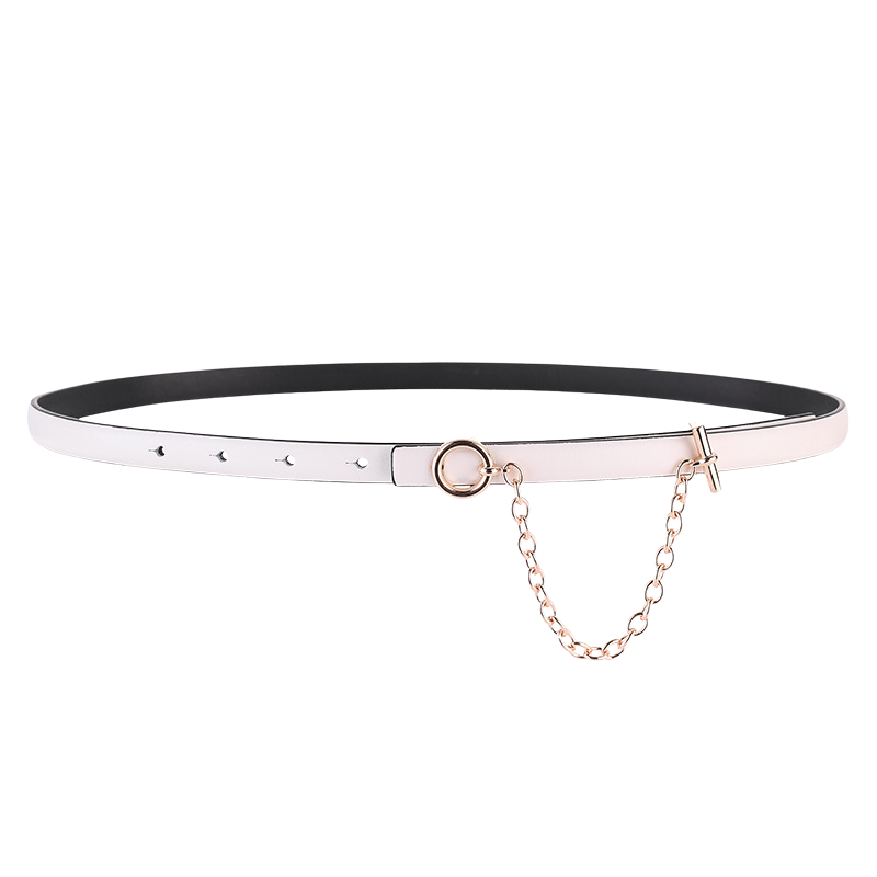Ceinture fine blanche Isaline 1 en cuir avec boucle dorée et chaînette décorative