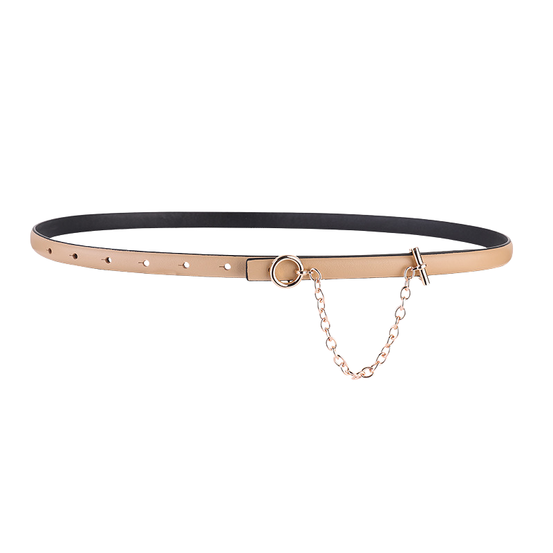 Ceinture fine beige Isaline 1 en cuir avec chaînette décorative et boucle ronde dorée.