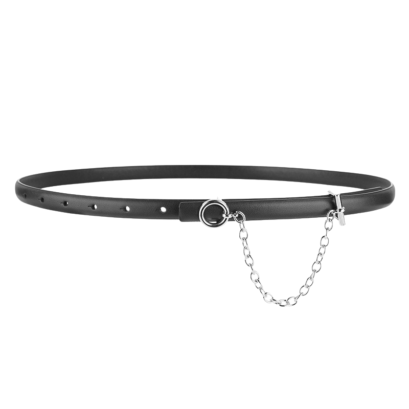 Ceinture fine noire Isaline 2 en cuir avec chaîne décorative et fermoir T-bar argenté