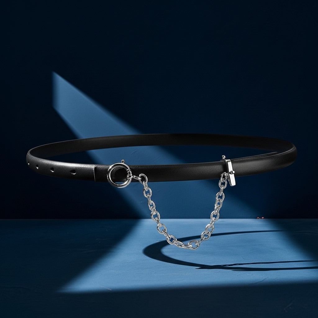 Ceinture fine noire Isaline 2 en cuir avec chaînette décorative argentée et fermoir T-bar argenté, arrière-plan bleu #fullwidth